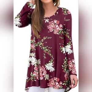 Awuliffan Women's Size XXL Long Sleeve Floral Tunic in Cranberry Red